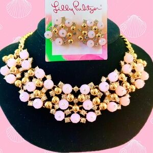 Lilly Pulitzer NWT “Pop The Bubbly”  PINK CRYSTAL CLUSTER NECKLACE/EARRINGS SET